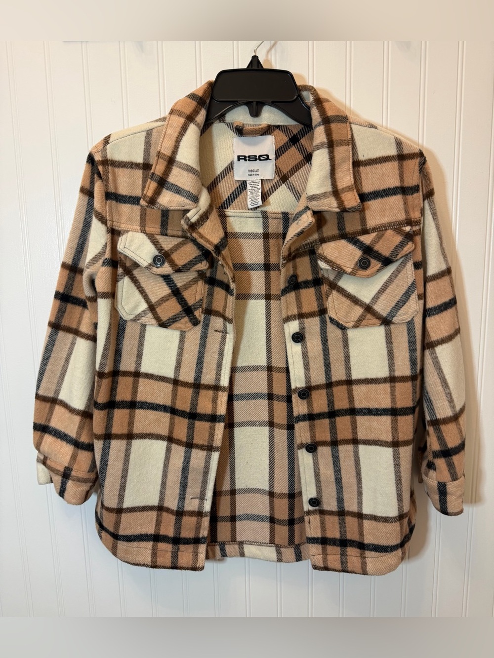 RSQ Cream and Brown Plaid Shacket - like new condition Youth size medium
